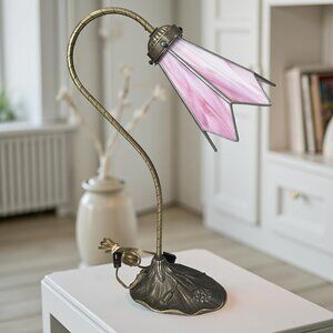 Vintage L&L WMC Tiffany Style Stained Glass Table Lamp MCM Pink - Lily Pad 19"H